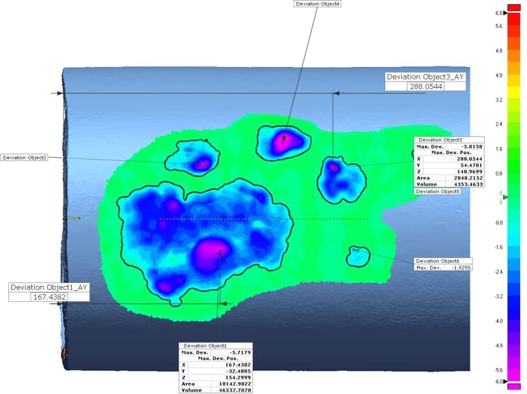 Corrosion measured straight from the scan, with no CAD or sound part needed.