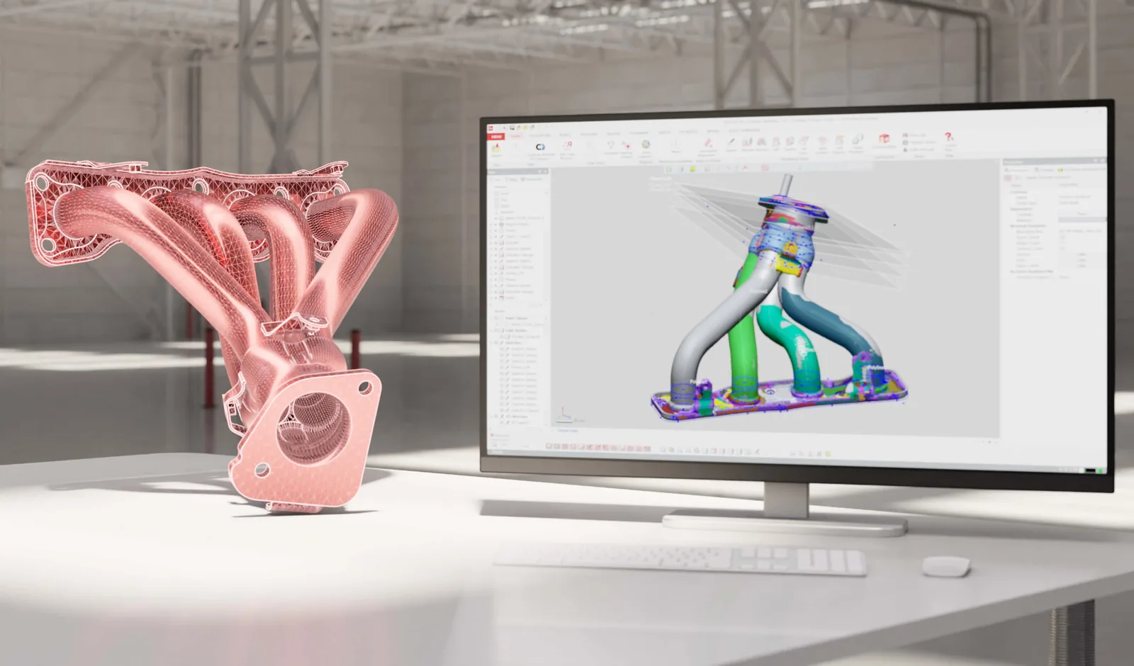 Scanned exhaust manifold beside its CAD model being rebuilt on screen