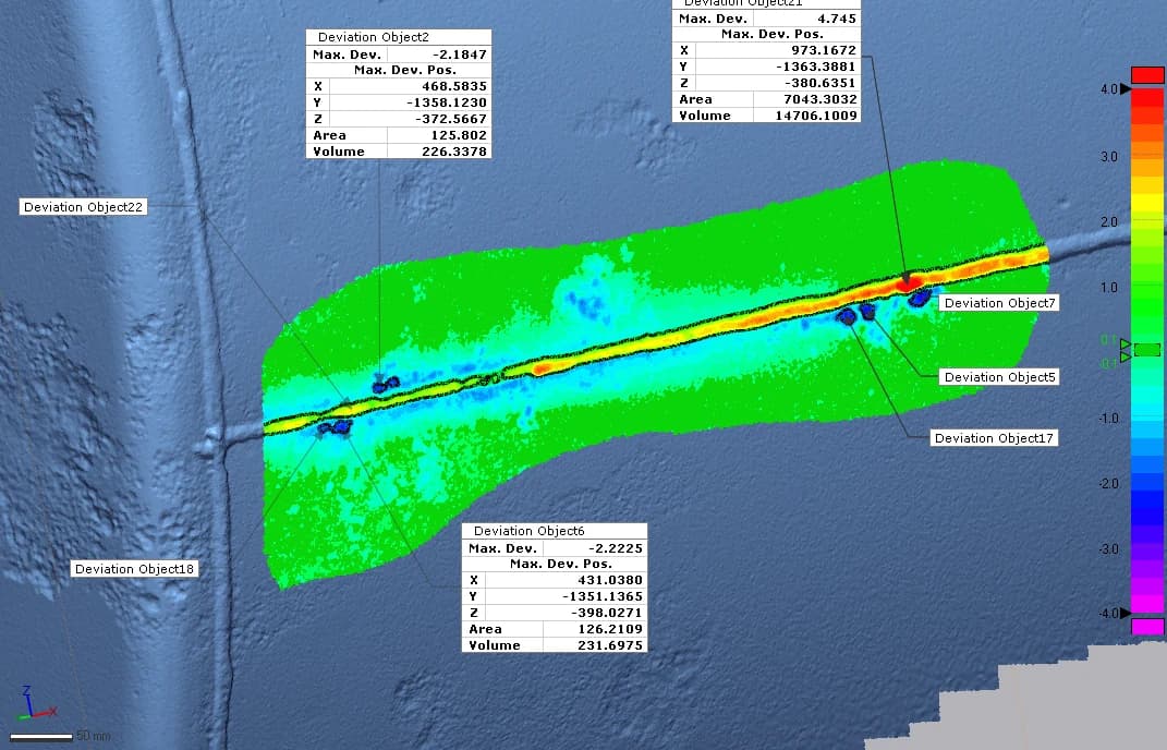 A vessel tank, with corrosion and the weld bead line measured in one scan.