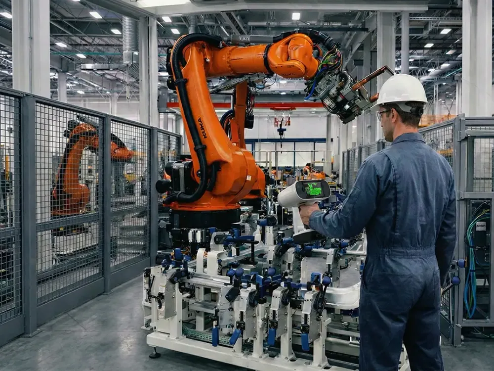 Robot gripper being scanned on the line