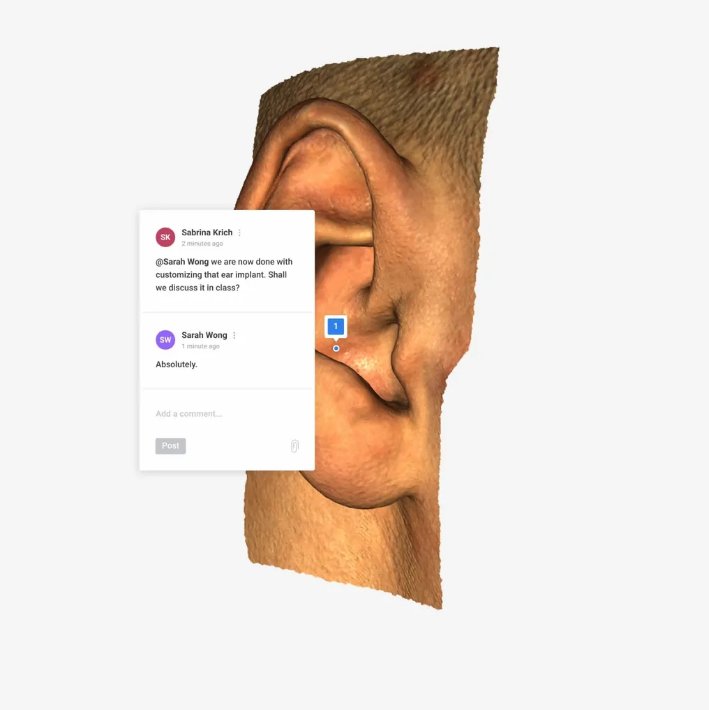 A full-colour ear scan with team comments beside it in Artec Cloud