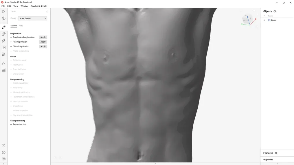 A 3D scan of a man’s torso in Artec Studio