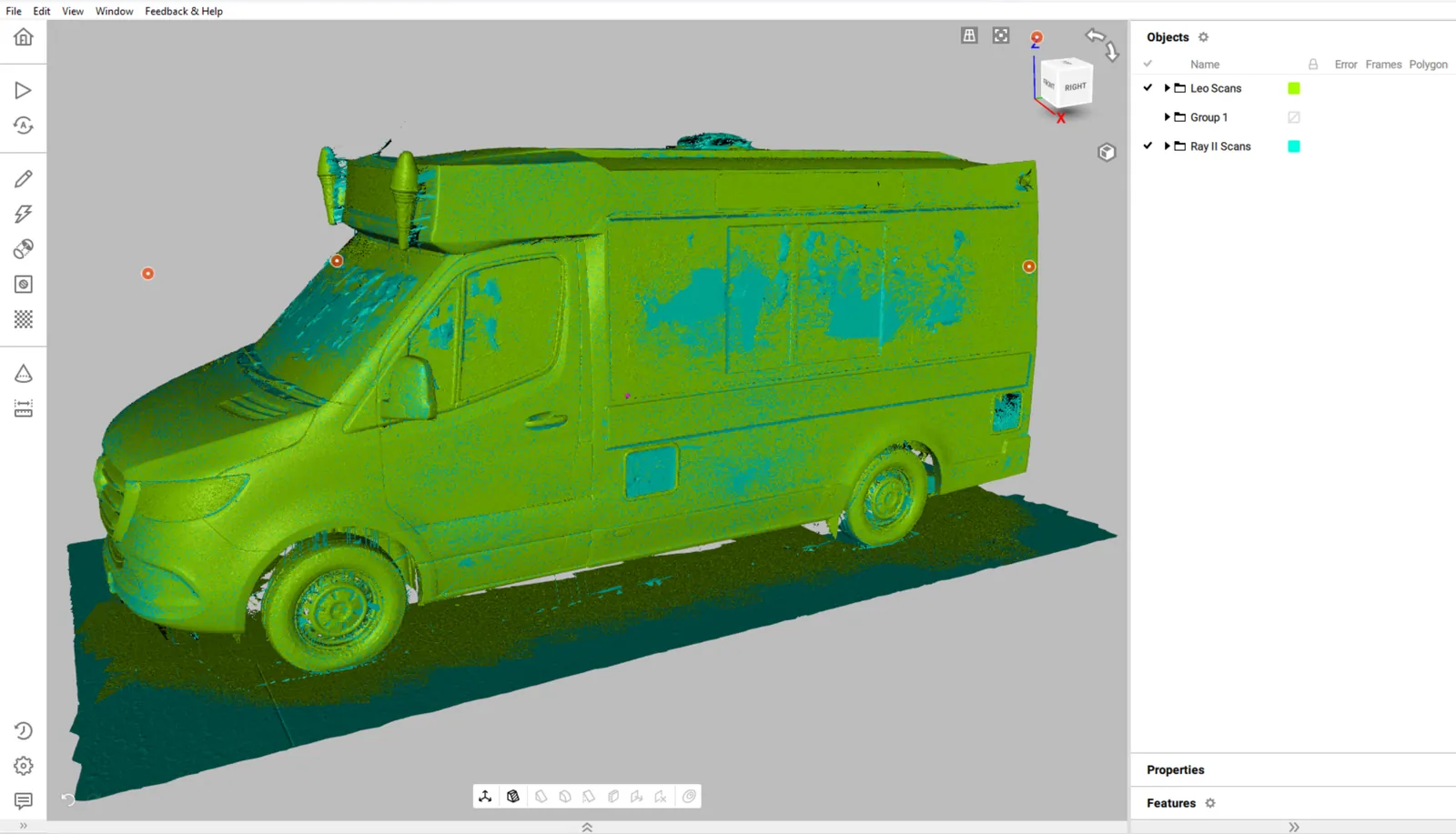 Artec Studio with the Leo scans in green aligned to the Ray II scans in blue