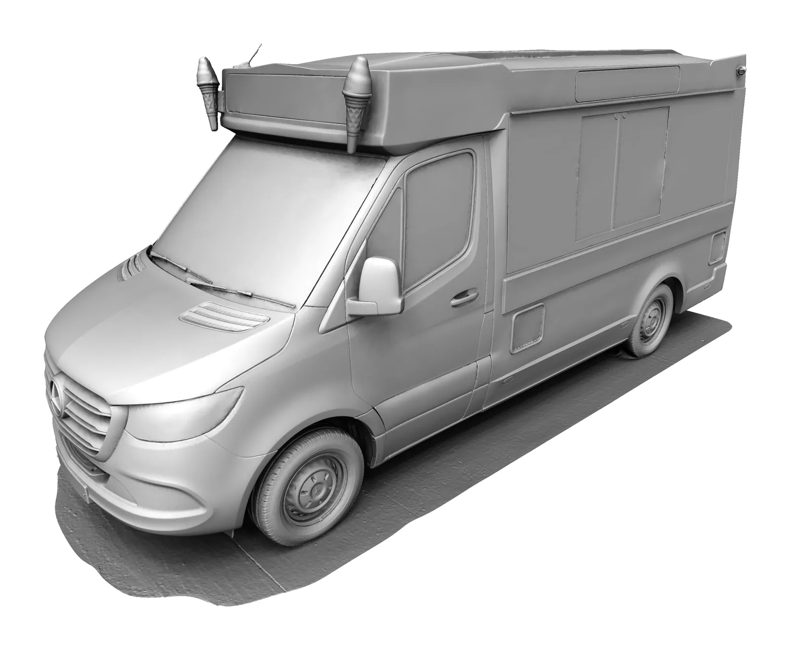 The finished 3D mesh of the ice cream van, cones on the roof included
