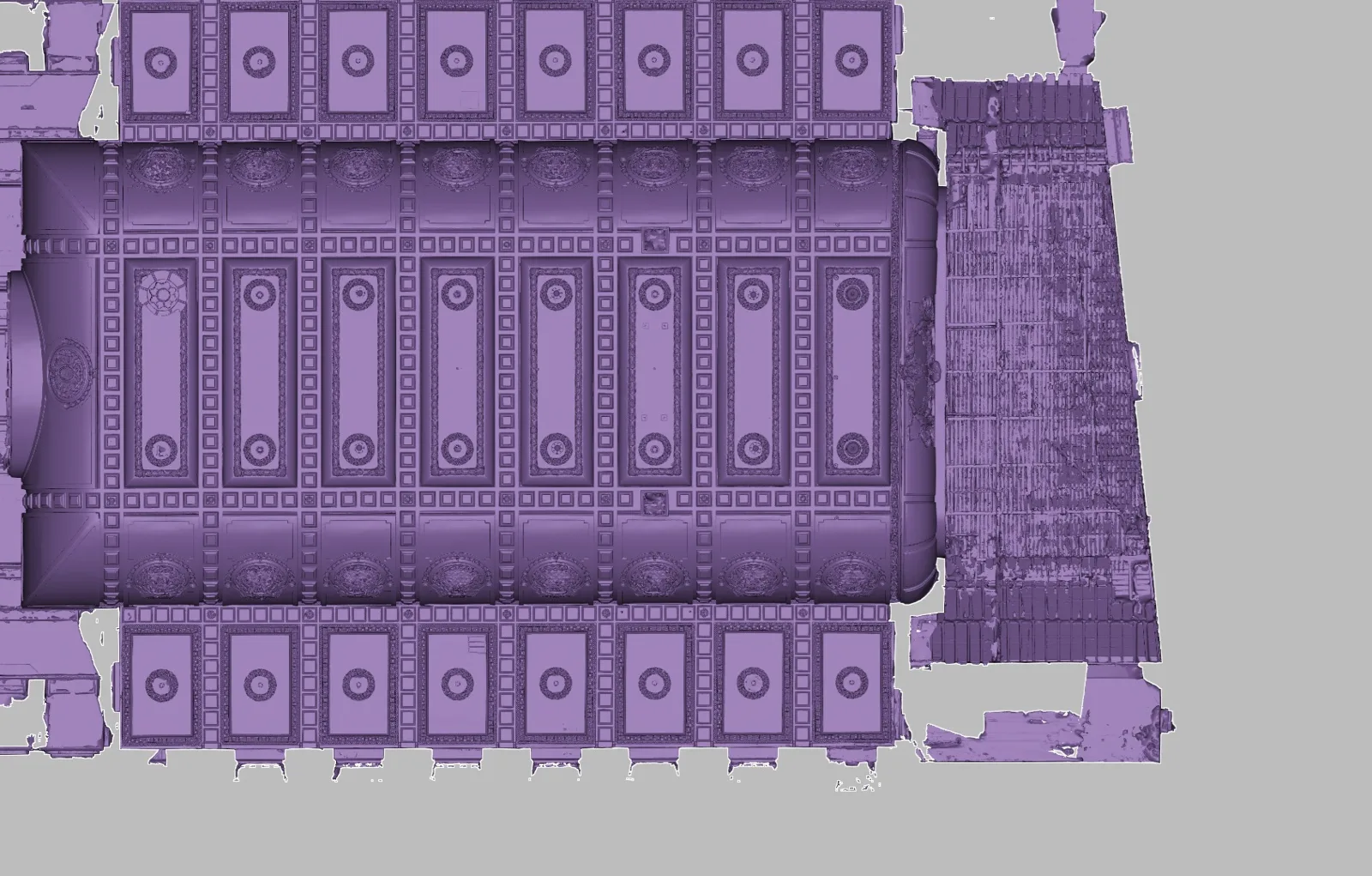 Top-down view of the theatre model showing the ceiling coffers