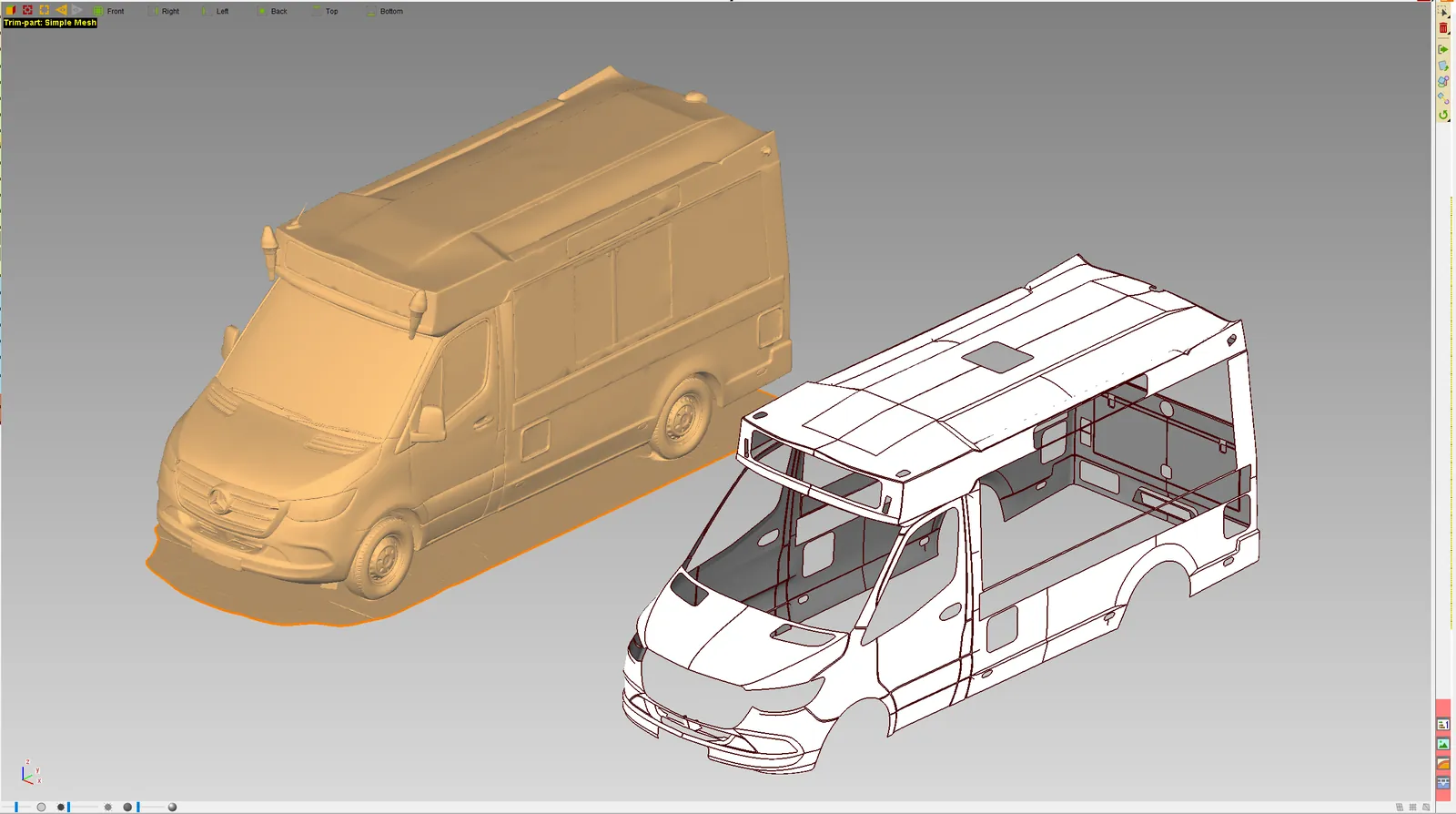 WrapStyler showing the scanned mesh beside the van divided into wrap panels