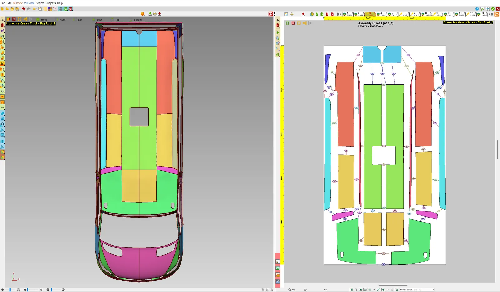 Roof panels coloured on the 3D van and laid out flat on the assembly sheet