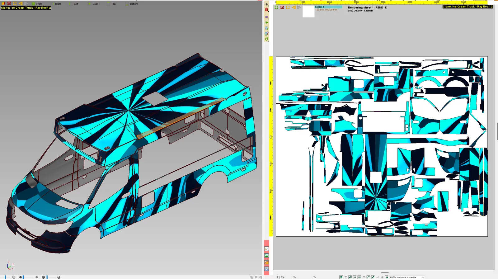 Artwork wrapped on the 3D van in WrapStyler beside the nested flat print sheet